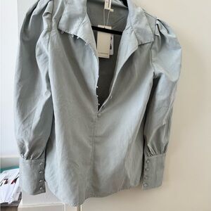 Commense Light Sage Puff Sleeve Button Front Blouse